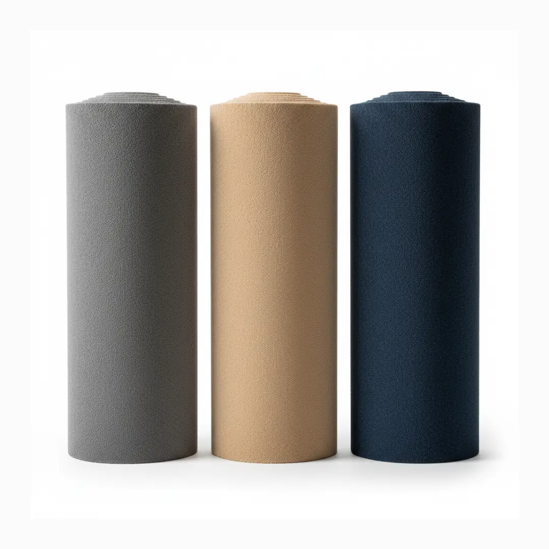 Acoustic carpet rolls in gray, beige, and blue on a white background.