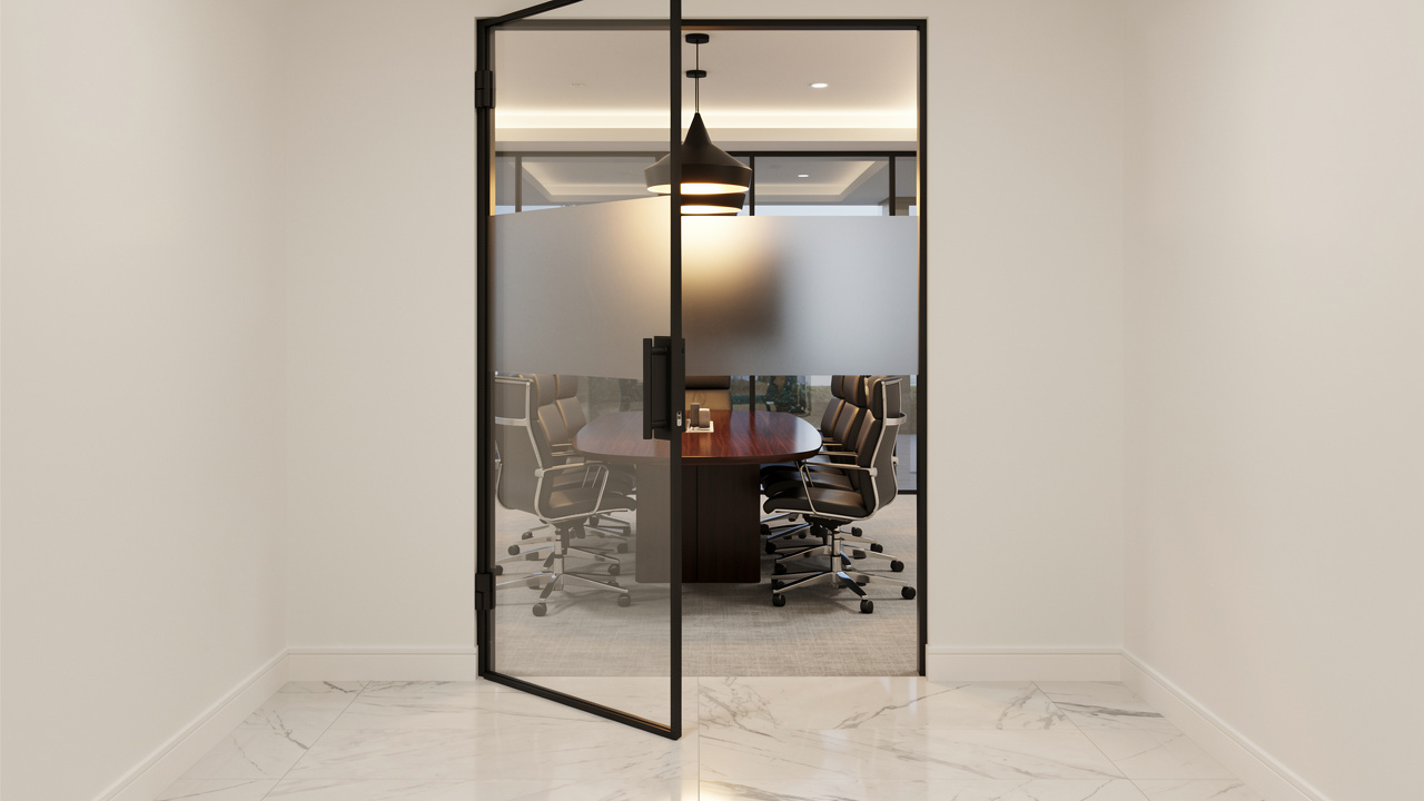 Acoustic glass boardroom door with slim black aluminum frame