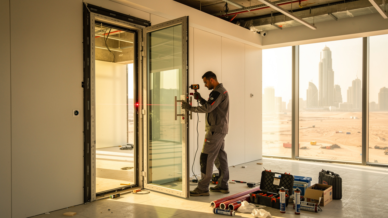 Professional technician installing acoustic glass door in UAE office