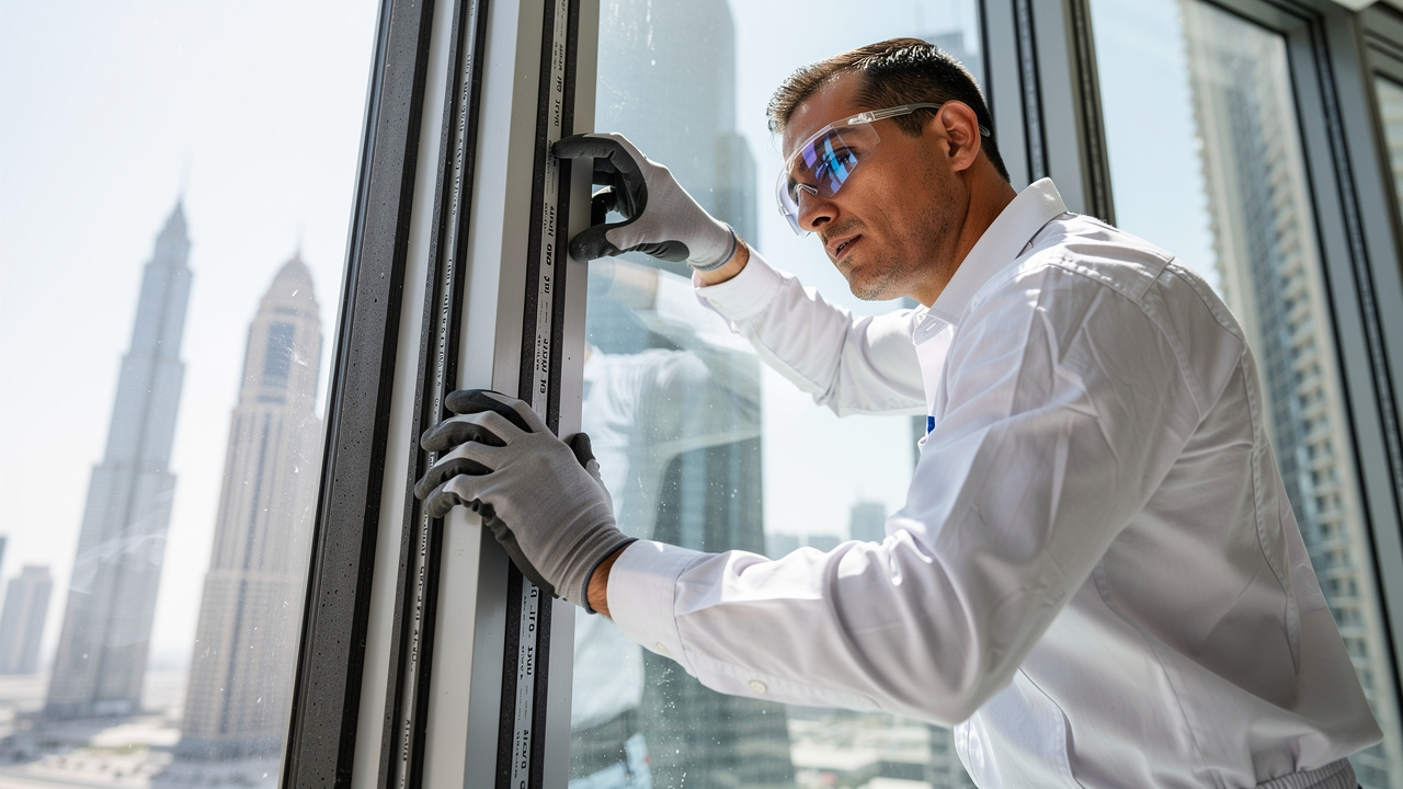 Technician installing acoustic laminated glass in Dubai high-rise