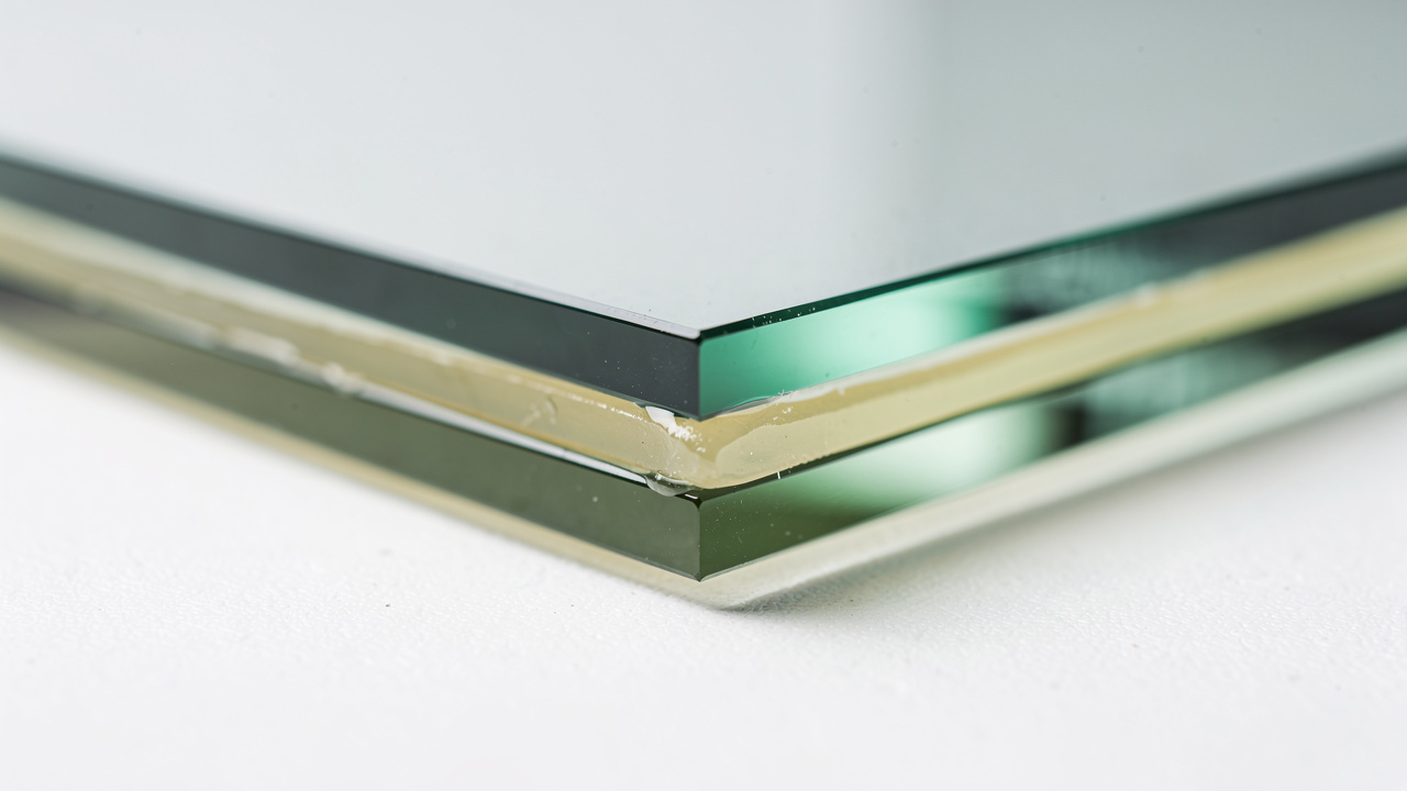 Cross-section of acoustic laminated glass showing PVB interlayer