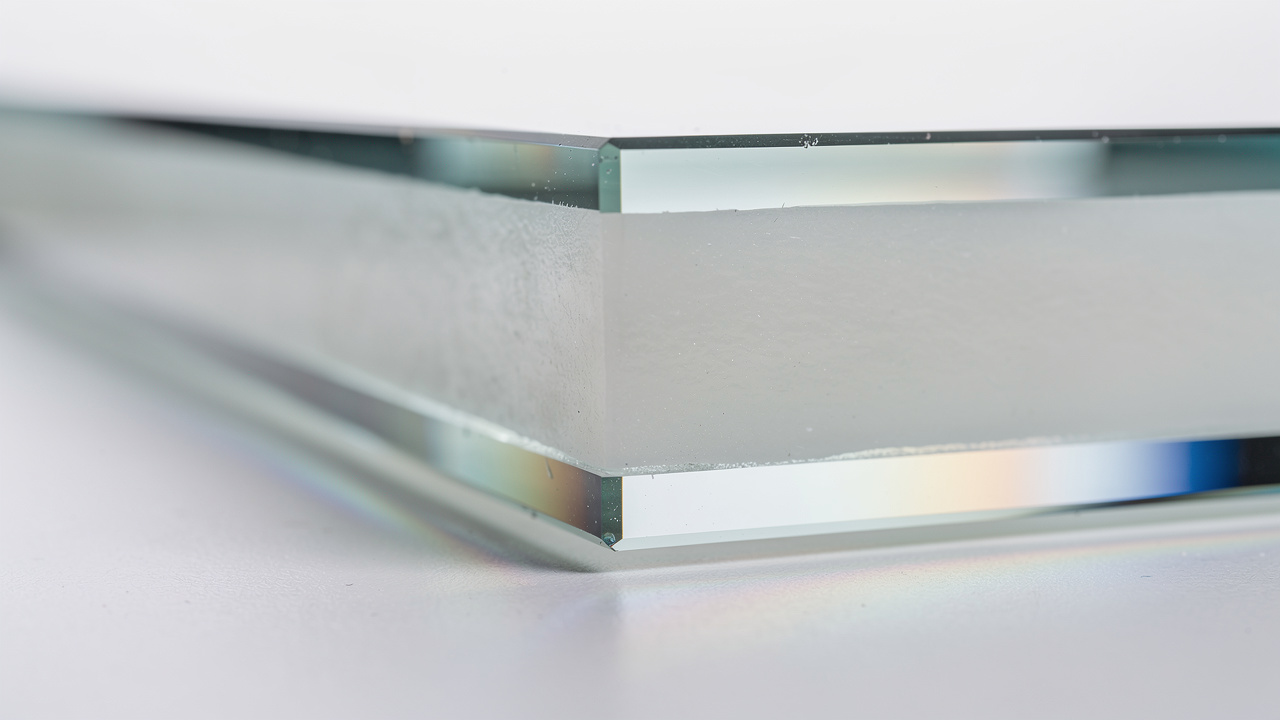Close-up cross-section of acoustic laminated glass layers with interlayer