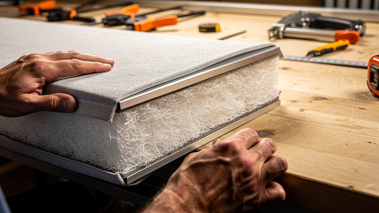 Cross-section of acoustic stretch panel construction with fabric and frame