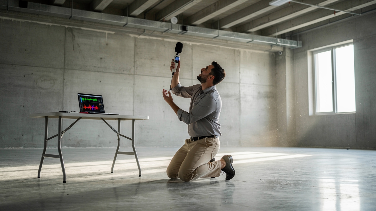 Acoustic consultant measuring reverberation in empty UAE room