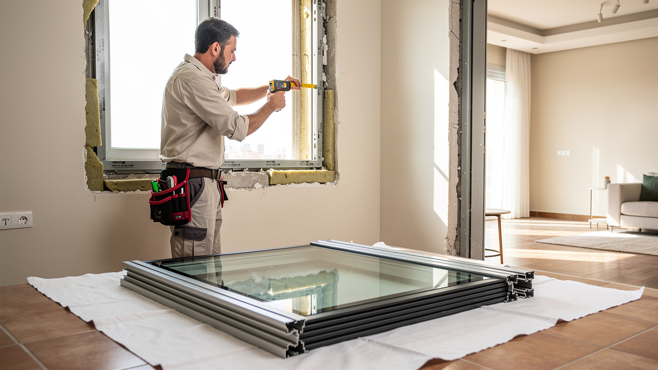 Technician measuring window opening for acoustic glass installation in apartment