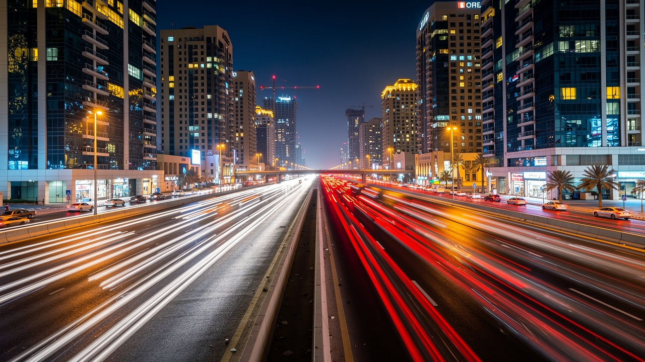 Busy UAE highway at night with heavy traffic light trails