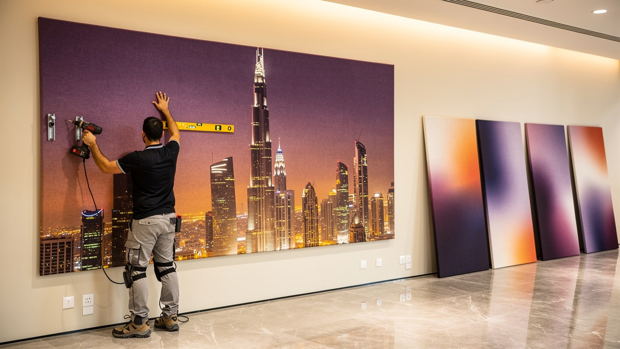 Installer mounting custom printed acoustic panel in Dubai office