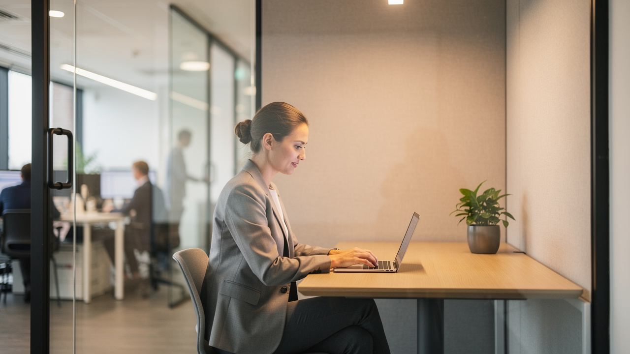 Professional working focused inside a quiet acoustic glass meeting room