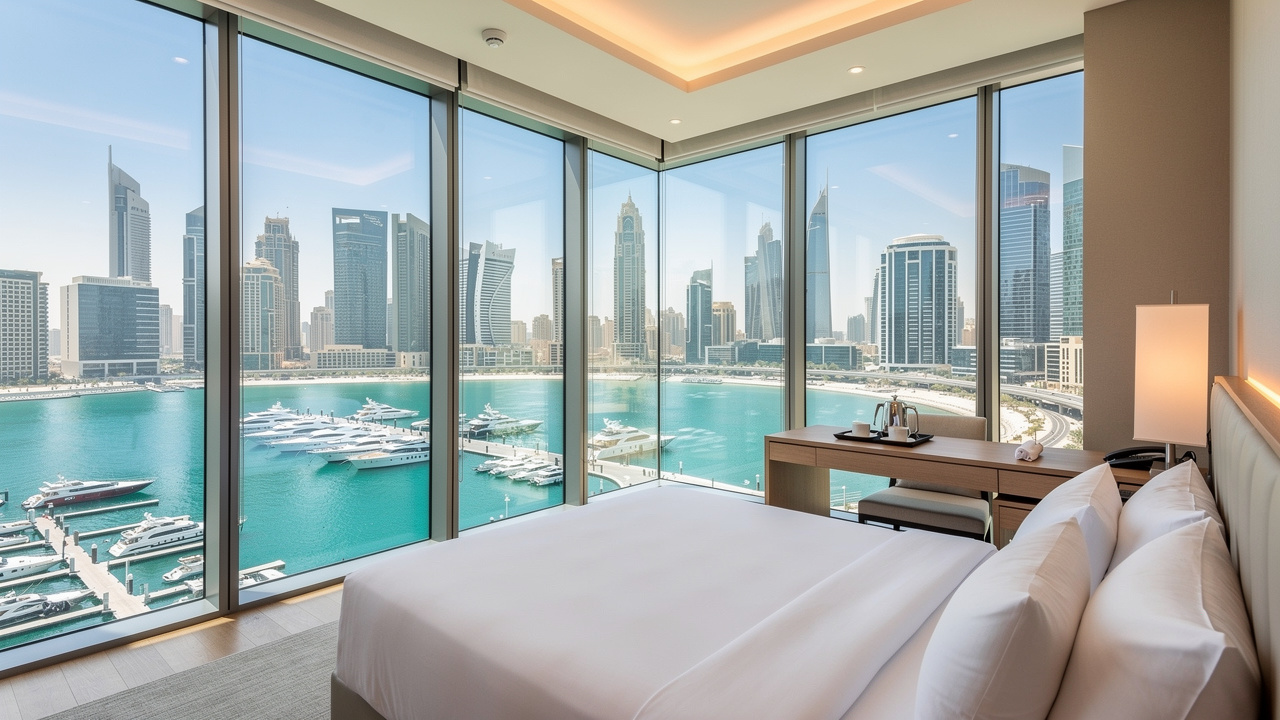Luxury hotel room with acoustic glass windows overlooking UAE marina