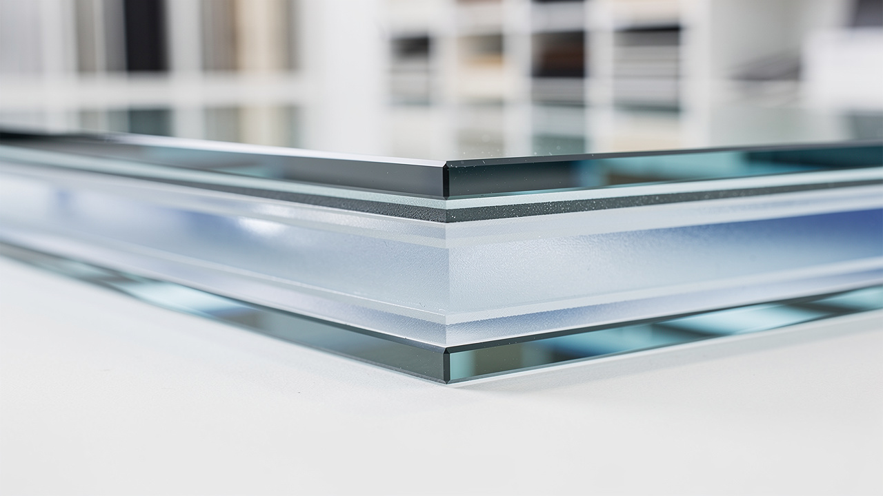 Close-up cross-section of laminated acoustic glass layers