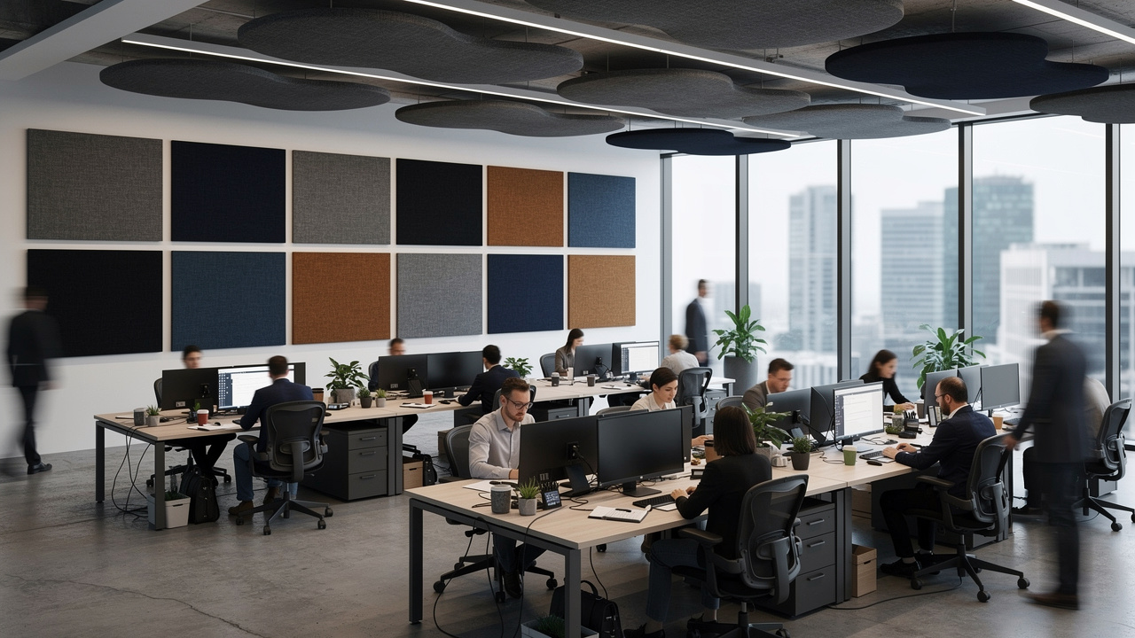 Open-plan office with acoustic panels reducing noise in UAE