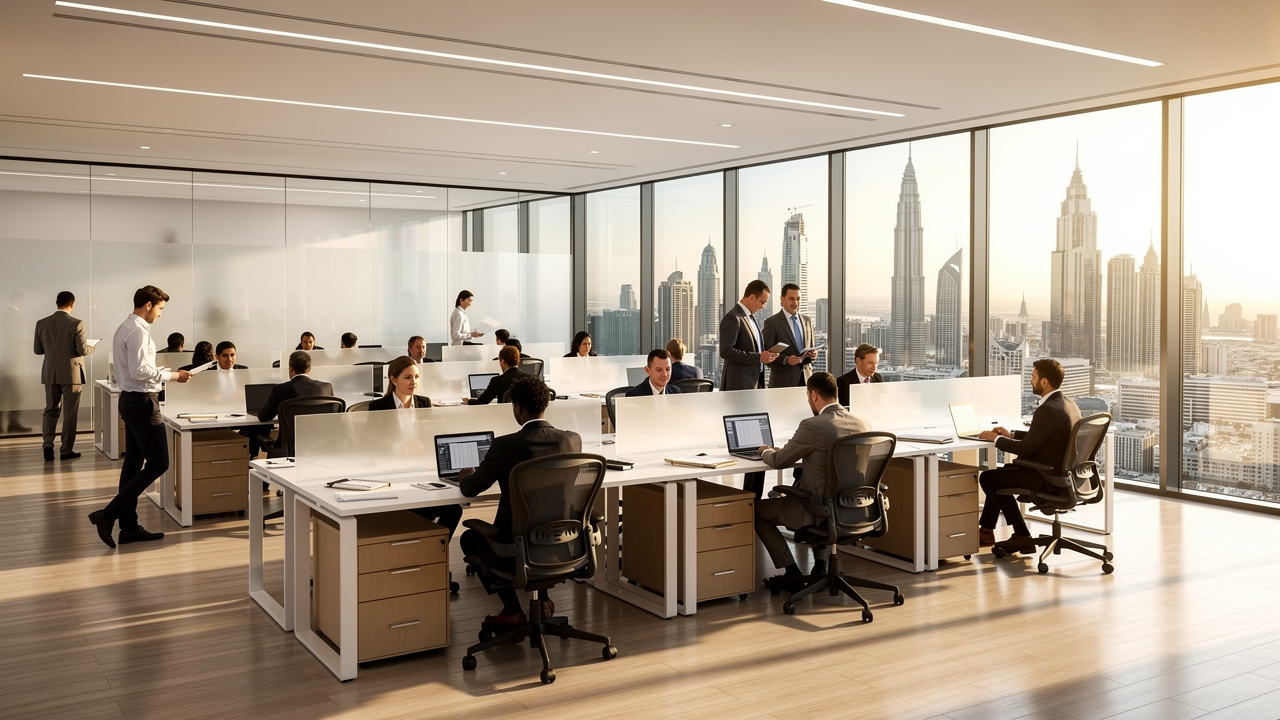 Open-plan Dubai office with glass partitions and busy workstations