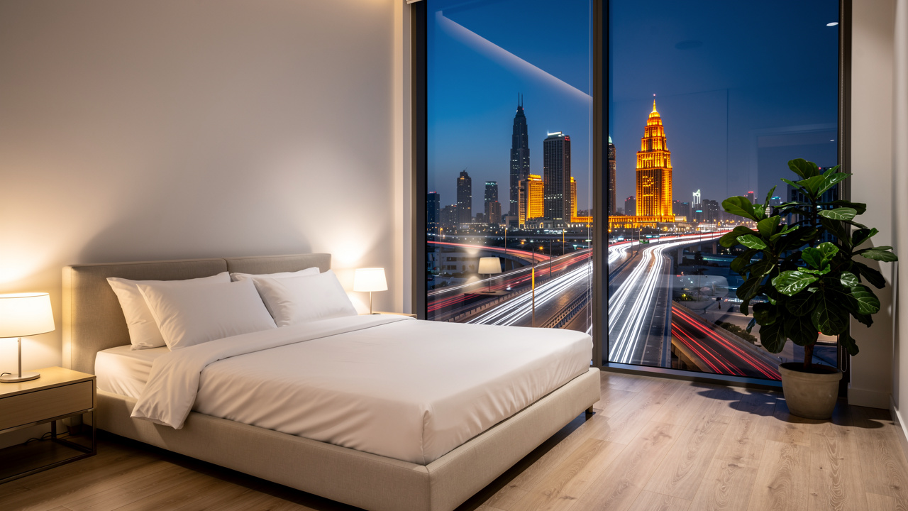 Peaceful bedroom with acoustic glass overlooking busy Dubai highway