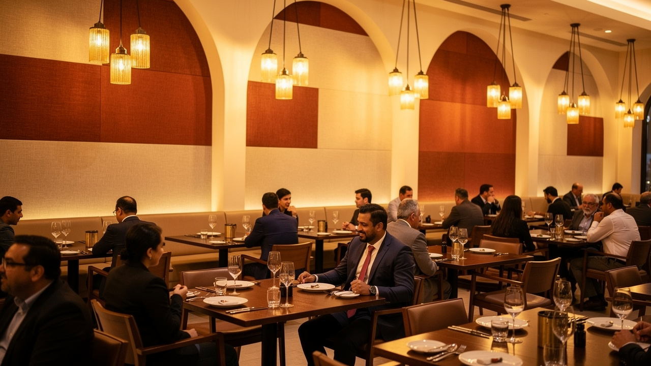 Restaurant interior with acoustic stretch panels for noise control